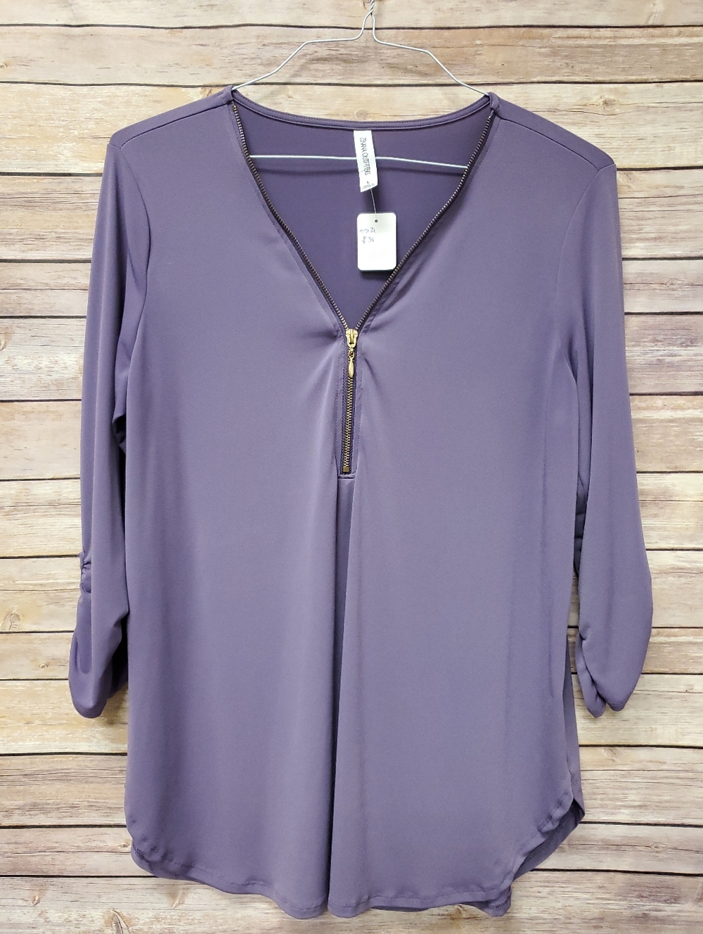 Zenana Outfitters Purple Zip Neck Blouse Women’s Large 3/4 Ruched Sleeve Stretch